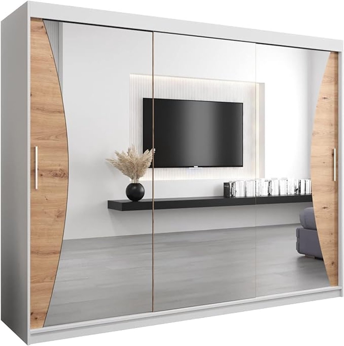Kledingkast 250 x 200 x 62 cm met Spiegel en 3 Schuifdeuren – Moderne Garderobekast met Planken en Kledingstang – Wit met Artisan Eiken – Abkantoor Monaco Luxe