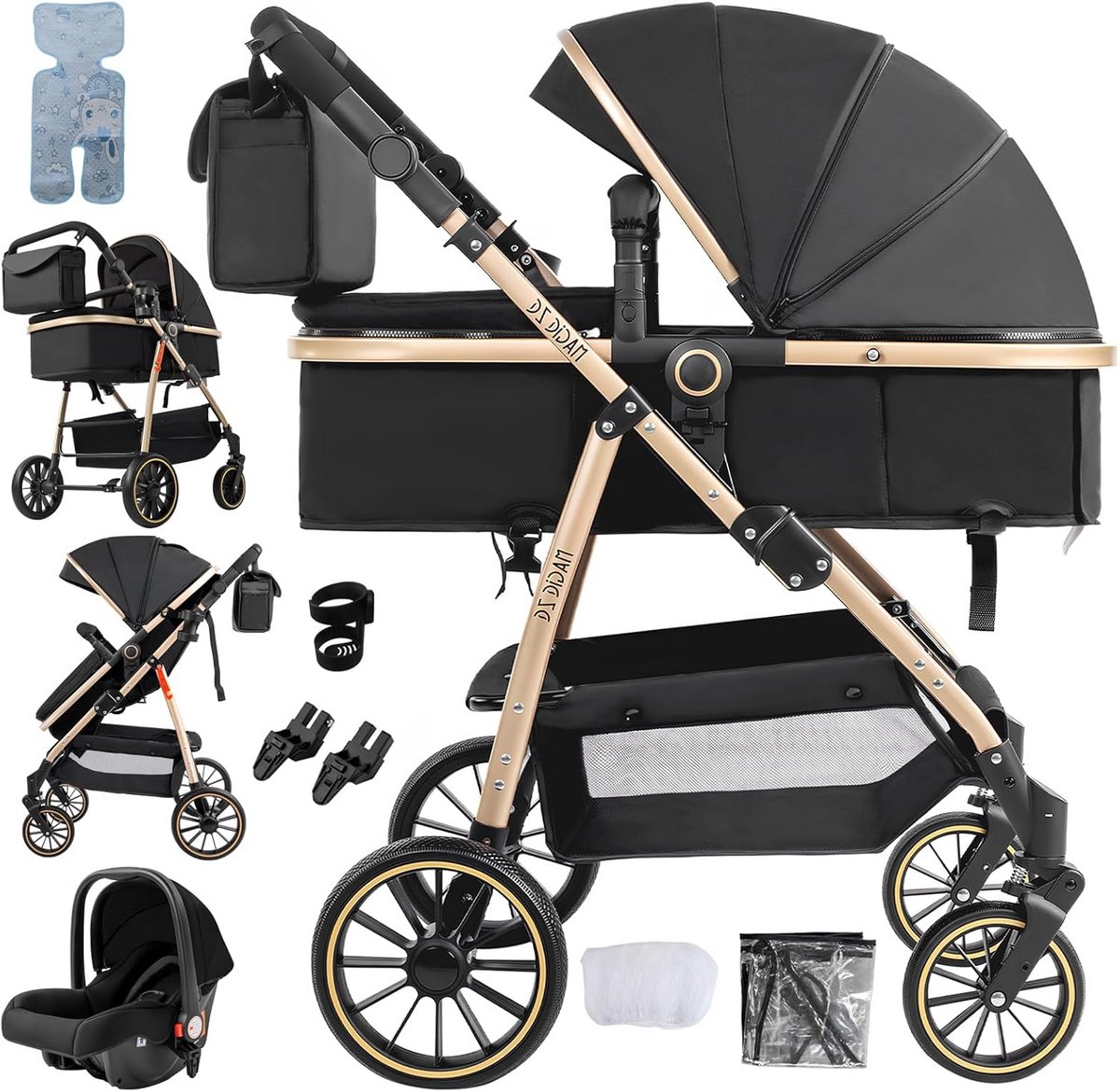 3-in-1 Baby Kinderwagen Set - Luxe 3-Delige Reiswieg en Buggy met Omkeerbare Zit
