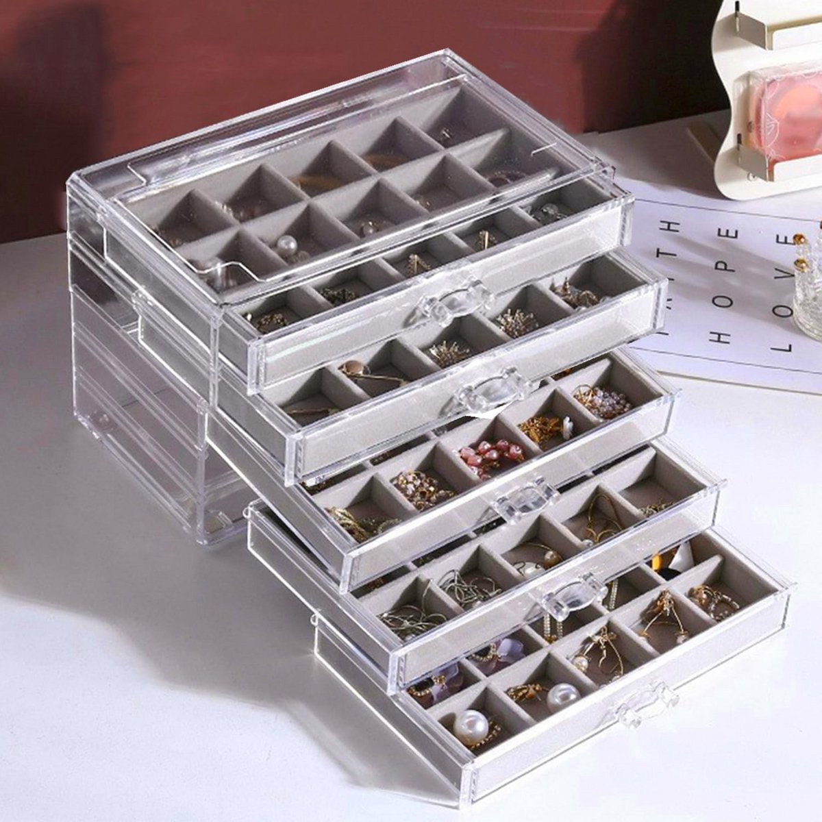 Grote Oorbel Opbergdoos met 5 Laden - Sieraden Organizer met 75 Vakken - Fluweel
