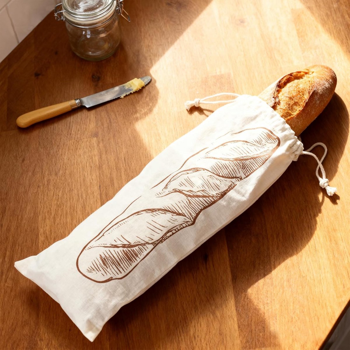 Herbruikbare Broodzak voor Baguettes en Broodjes - Katoen & Linnen, Ademend