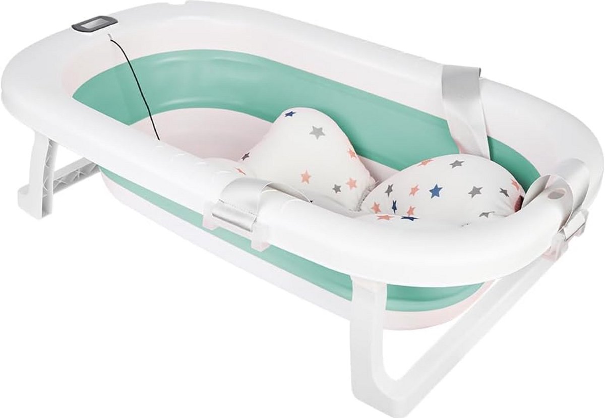 Opvouwbaar Babybadje met Thermometer en Badkussen | Veilig & Compact voor Pasgeborenen tot 24 Maanden (Groen)