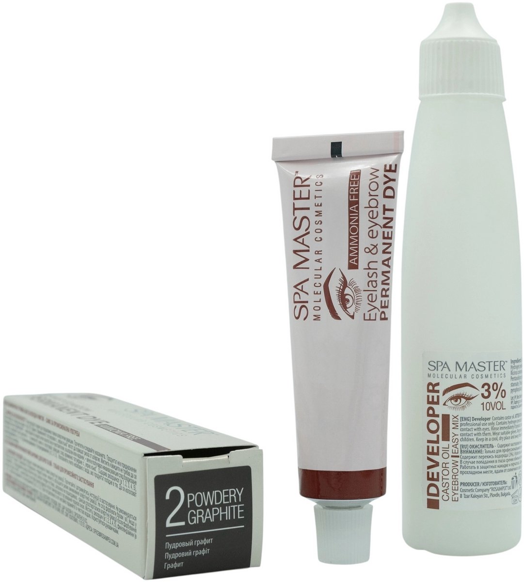 Spa Master Eyelash & Eyebrow Permanent Dye Powdery Graphite + Developer 3% – Wenkbrauw & Wimper Verf Set Grafietgrijs – Professioneel & Ammoniakvrij – Inclusief Castor Olie – 20ml + 60ml