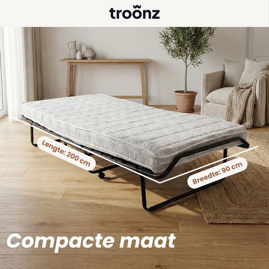 Troonz® Vouwbed Morena Royal | 90 x 200 cm | Logeerbed inclusief Hoofdkussen en Enkel Dekbed | Luxe Matras | Opklapbed Eenpersoonsbed | Logeermatras Opvouwbaar | 30 dagen proefslapen