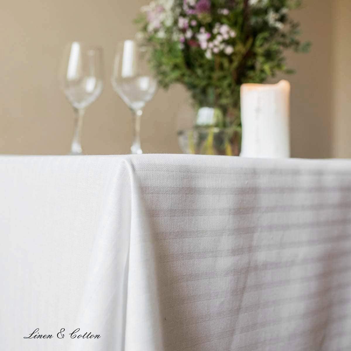 Elegant Gestreept Jacquard Tafelkleed 150x200 cm - Linnen Katoen Mix Wit