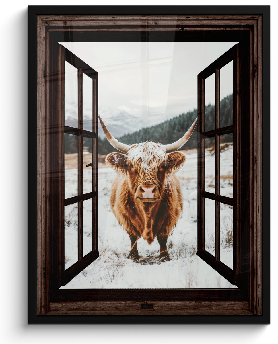 FrameYourWall Poster in lijst - Fotolijst 50x70 cm - Posters - Schotse Hooglander - Landschap - Landelijk - Bergen - Winter - Doorkijk - Donker - Posterlijst zwart - Decoratie - Wanddecoratie woonkamer - Muurdecoratie slaapkamer