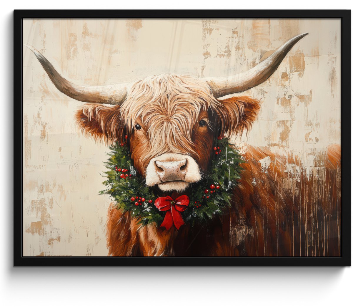 FrameYourWall Poster in lijst - Fotolijst 70x50 cm - Posters - Kerst - Schotse Hooglander - Bruin - Krans - Posterlijst zwart - Decoratie - Wanddecoratie woonkamer - Muurdecoratie slaapkamer - Kerstversiering - Kerstdecoratie voor binnen - Kerstmis