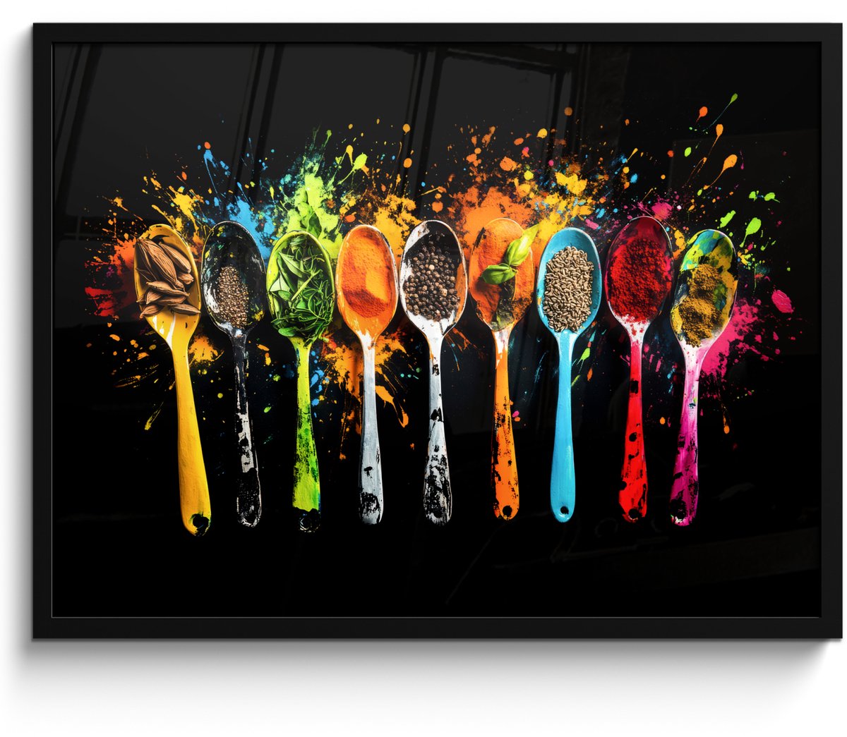 FrameYourWall Poster in lijst - Fotolijst 70x50 cm - Posters - Lepels - Kruiden - Modern - Graffiti - Verf - Kleurrijk - Posterlijst zwart - Decoratie - Wanddecoratie woonkamer - Muurdecoratie slaapkamer Graffiti - Lepels - Kruiden