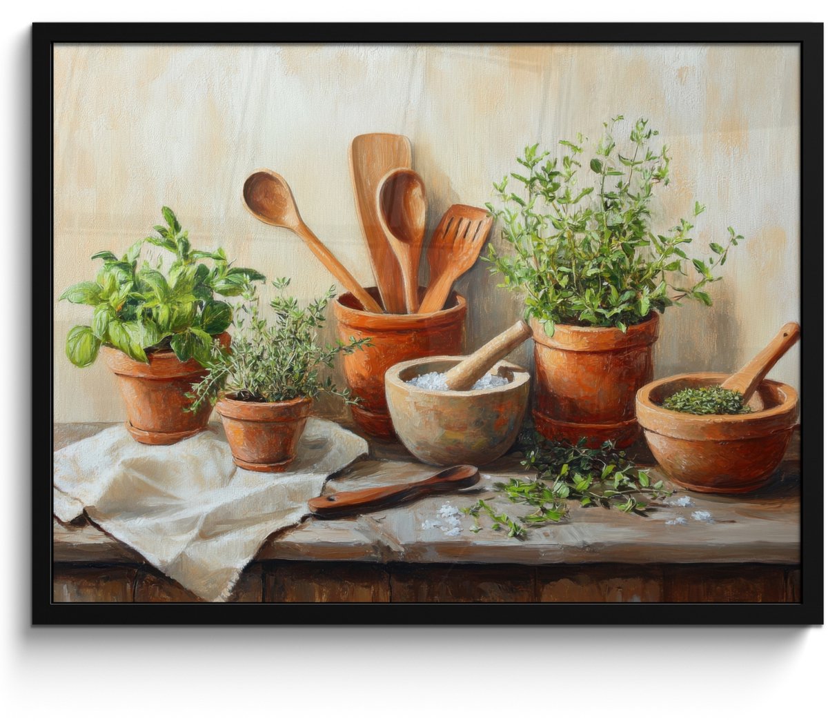 FrameYourWall Poster in lijst - Fotolijst 70x50 cm - Posters - Potten - Kruiden - Hout - Posterlijst zwart - Decoratie - Wanddecoratie woonkamer - Muurdecoratie slaapkamer Potten - Stilleven