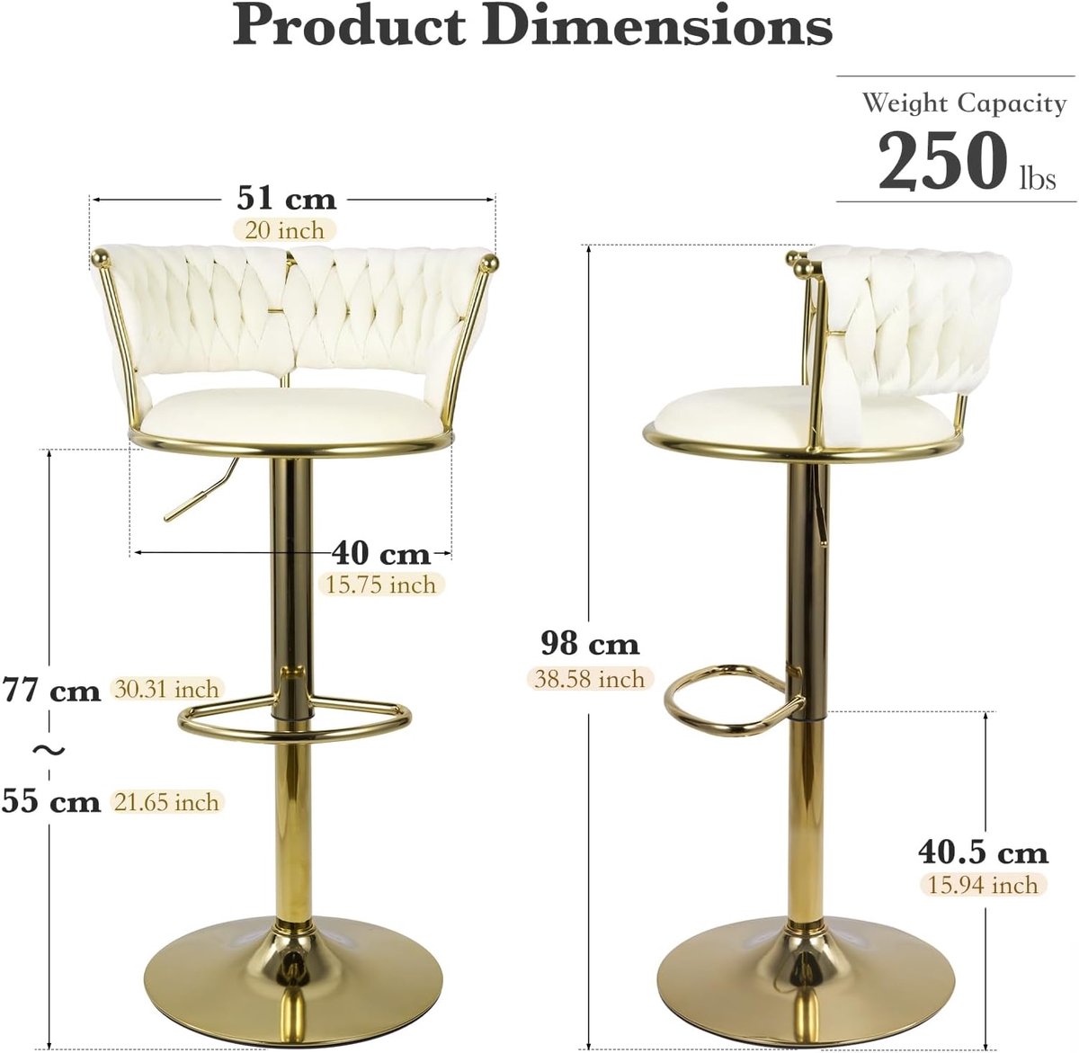 Barkrukken Set van 4 House&Garden Royal Velvet – In Hoogte Verstelbaar & 360° Draaibaar – Ergonomische Barstoelen met Gevlochten Rugleuning – Fluweel Beige met Goud Metalen Frame – Luxe Keukenkrukken voor Keukeneiland & Huisbar