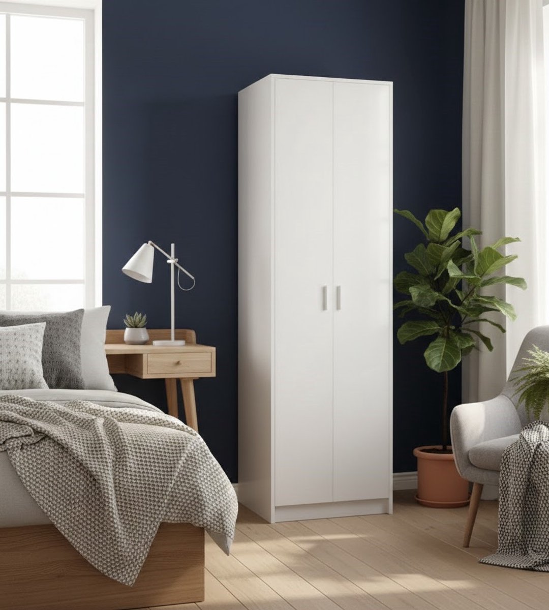 Moderne Witte Smalle Kledingkast met Planken en Deurtjes – House&Garden – Slaapkamerkast voor Optimaal Opbergen van Kleding, Schoenen en Accessoires – 55x25x189 cm