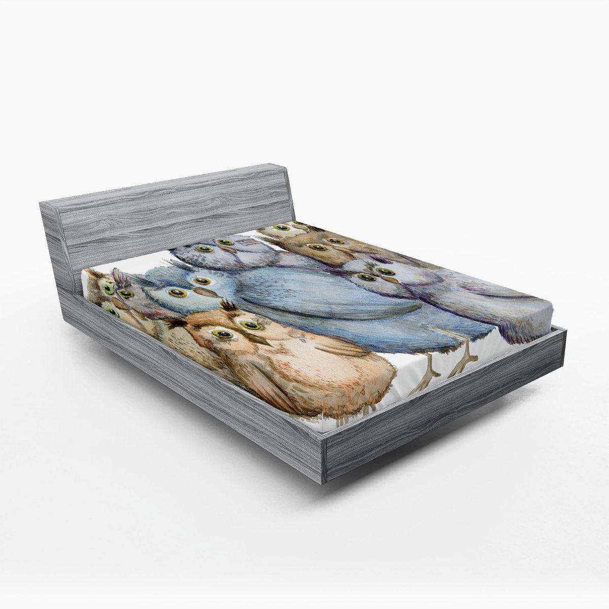 ABAKUHAUS Hoeslaken met uilenmotief, Kunstwerk met uilenfamilie, Zachte decoratieve stof met elastische band, 140 x 200 cm, Meerkleurig