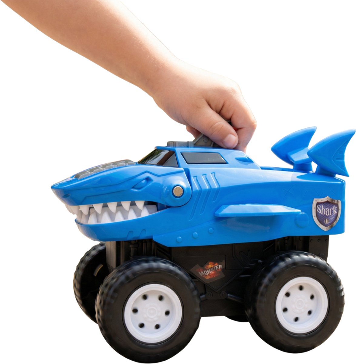 Eddy Toys Haai Auto - Shark Car met Licht en Geluid - Speelgoed Auto met Grote Wielen - Monstertruck - Werkt op 3x AA Batterijen - Blauw/Zwart/Wit — afbeelding 3