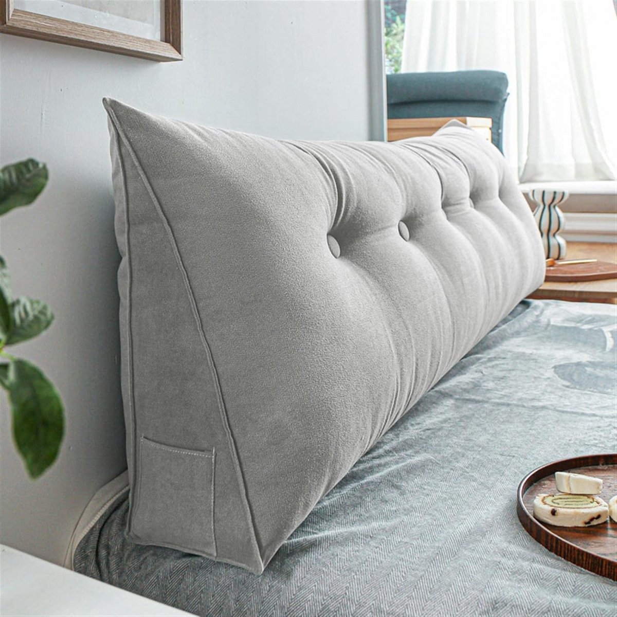 Groot Rugkussen voor Hoofdeinde Sofa en Bed - Driehoekige Steunkussen voor Rug en Nek (80 x 50 x 20 CM, Grijs)