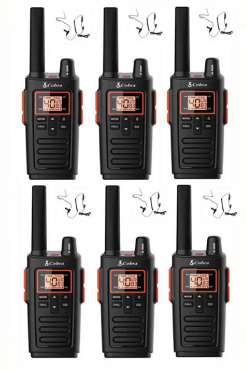 Set van 6 Cobra RX380 PMR446 portofoons IPX2 met beveiliging oortje