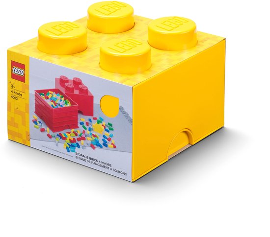 Gele Lego opbergbox 4 noppen, met afbeelding van rode bak met LEGO stenen.