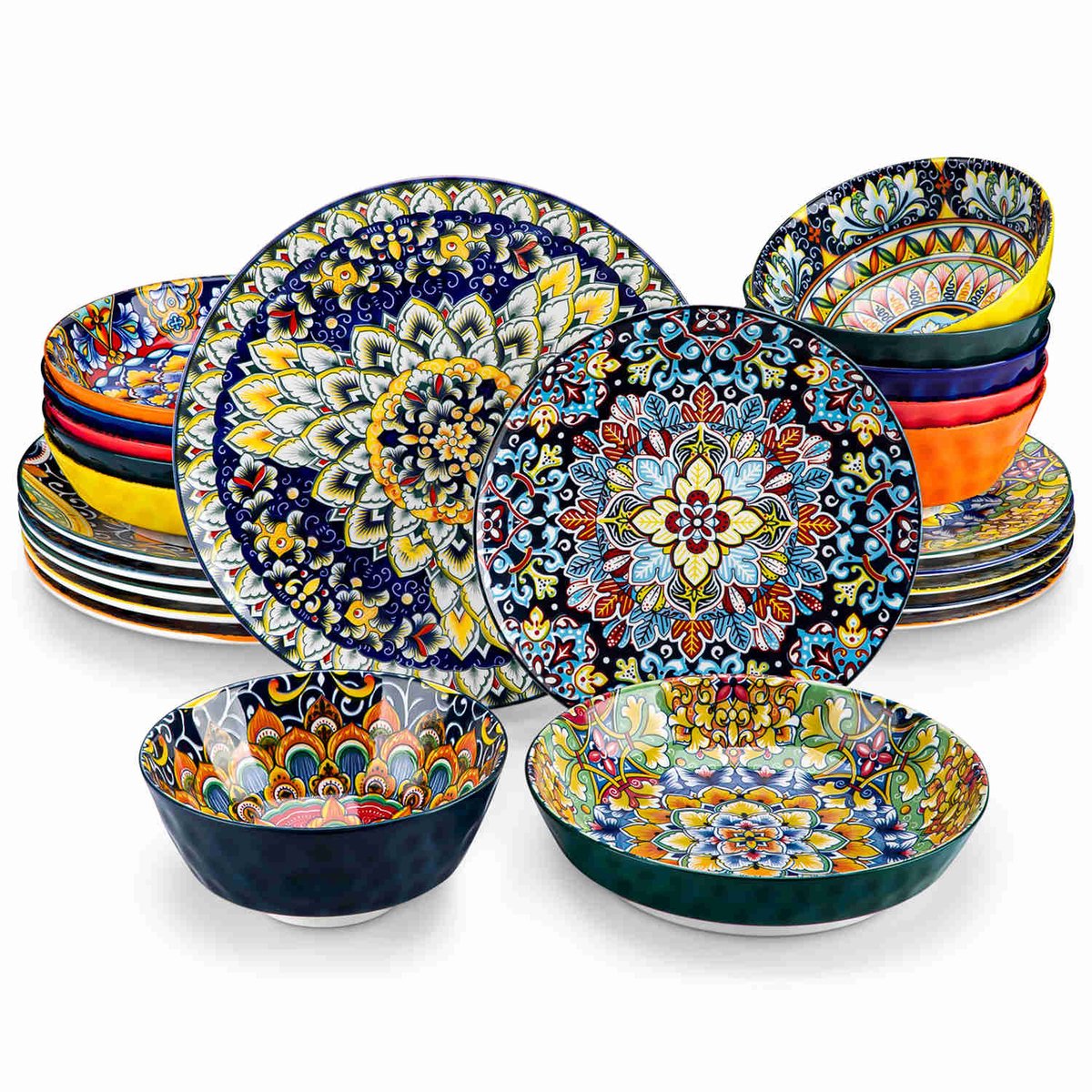 Luxe Serviesset – 24 delig – 6 persoons – Porselein - Bordenset – Dinner platen – Dessertborden - Kommen - Pastabord - Meerkleurig