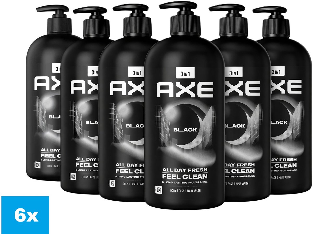 AXE Black 3-in-1 Douchegel 6 x 900 ml – 6 Stuks – Body, Face & Hair – All Day Fresh