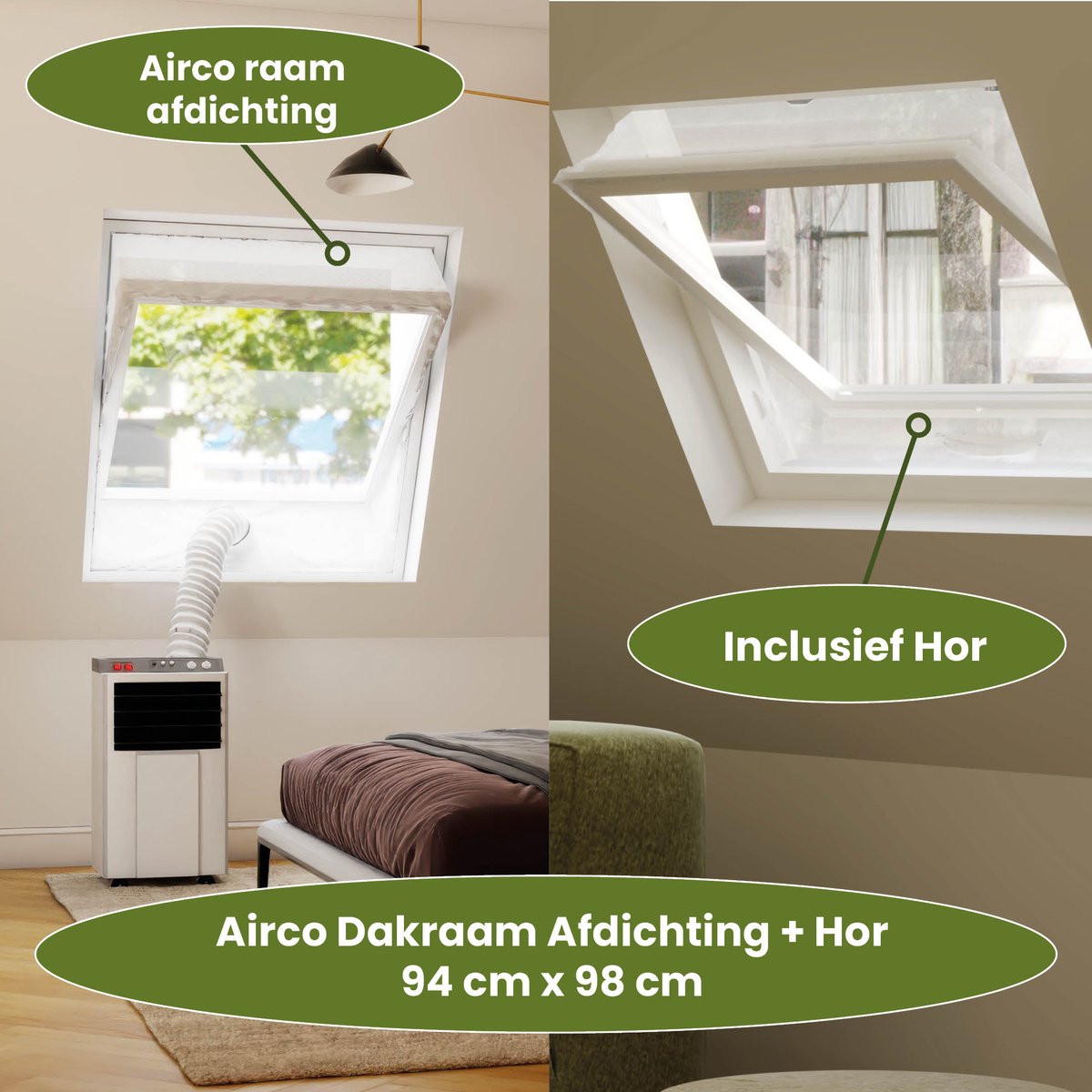 Airco Dakraam Afdichting met Hor - 94 x 98 cm – Geschikt voor Inbouw Velux: PK04 (GGL 31, 404, p04) | Fakro, Optilight: Maatcode 15 | Roto: 09/09 - Slang Afsluiten - Tuimelvenster Oplossing – Raamafdichtingskit