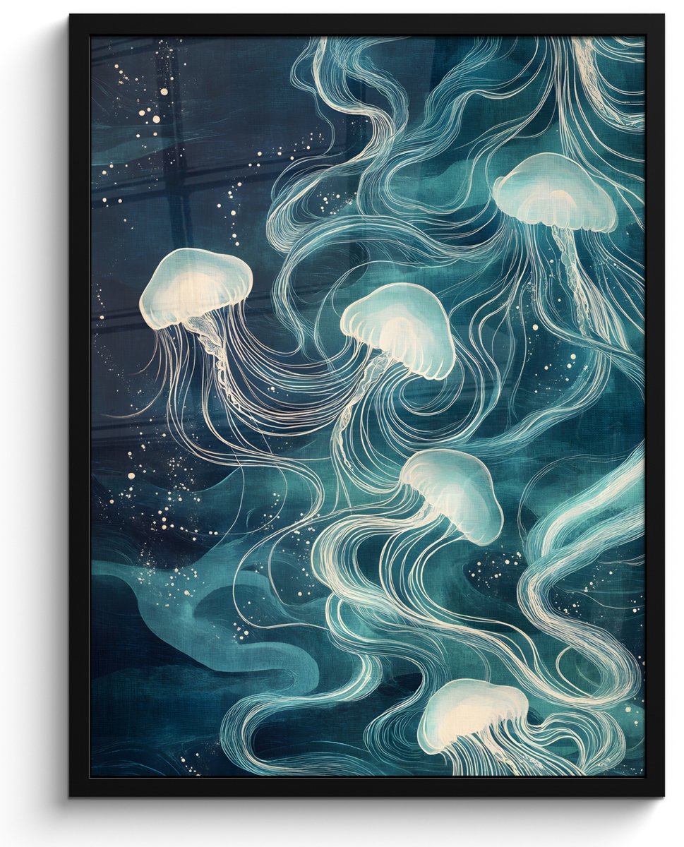 FrameYourWall Poster in lijst - Fotolijst 50x70 cm - Posters - Kwallen - Zee - Wit - Golven - Posterlijst zwart - Decoratie - Wanddecoratie woonkamer - Muurdecoratie slaapkamer