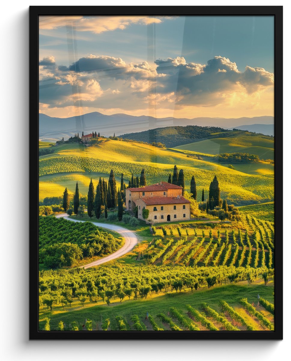 FrameYourWall Poster in lijst - Fotolijst 50x70 cm - Posters - Toscane - Landschap - Wijngaarden - Posterlijst zwart - Decoratie - Wanddecoratie woonkamer - Muurdecoratie slaapkamer