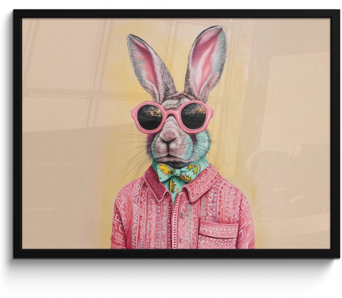 FrameYourWall Poster in lijst - Fotolijst 70x50 cm - Posters - Grijs - Konijn - Blouse - Strik - Posterlijst zwart - Decoratie - Wanddecoratie woonkamer - Muurdecoratie slaapkamer Panda