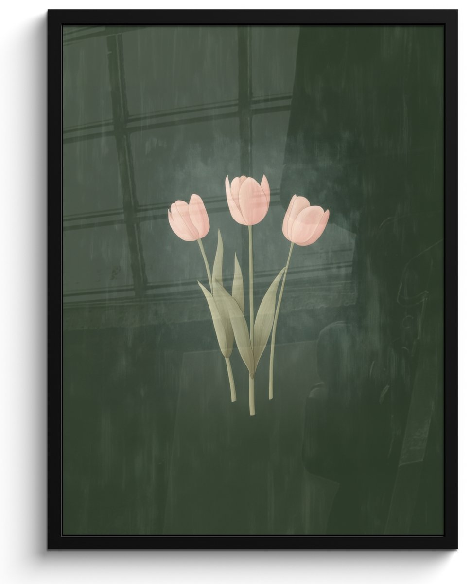 FrameYourWall Poster in lijst - Fotolijst 50x70 cm - Posters - Tulpen - Liefde - Donkergroen - Posterlijst zwart - Decoratie - Wanddecoratie woonkamer - Muurdecoratie slaapkamer