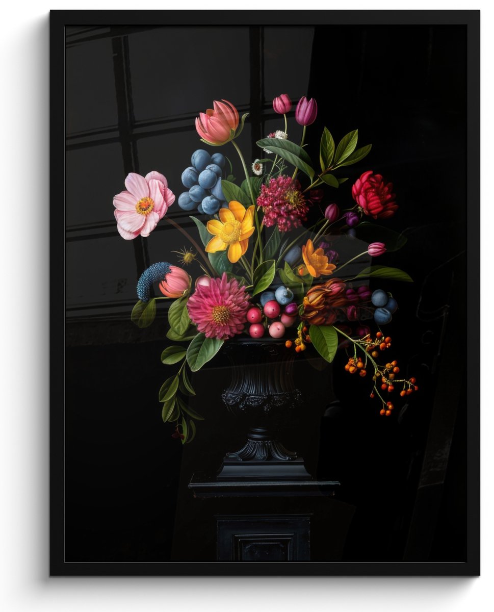 FrameYourWall Poster in lijst - Fotolijst 50x70 cm - Posters - Bloemen - Vrolijk - Vaas - Posterlijst zwart - Decoratie - Wanddecoratie woonkamer - Muurdecoratie slaapkamer Boeket - Bloemen 2