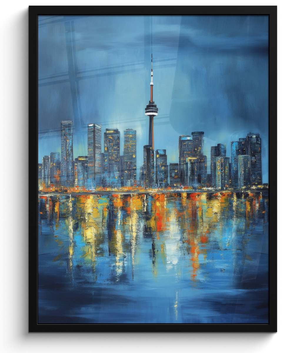 FrameYourWall Poster in lijst - Fotolijst 50x70 cm - Posters - Skyline Toronto - Water - Stadslichten - Toren - Posterlijst zwart - Decoratie - Wanddecoratie woonkamer - Muurdecoratie slaapkamer Skyline - Water