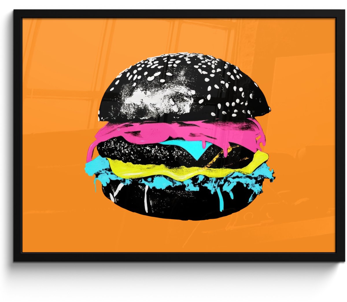 FrameYourWall Poster in lijst - Fotolijst 70x50 cm - Posters - Hamburger - Oranje - Neon - popart - Posterlijst zwart - Decoratie - Wanddecoratie woonkamer - Muurdecoratie slaapkamer Hamburger - popart