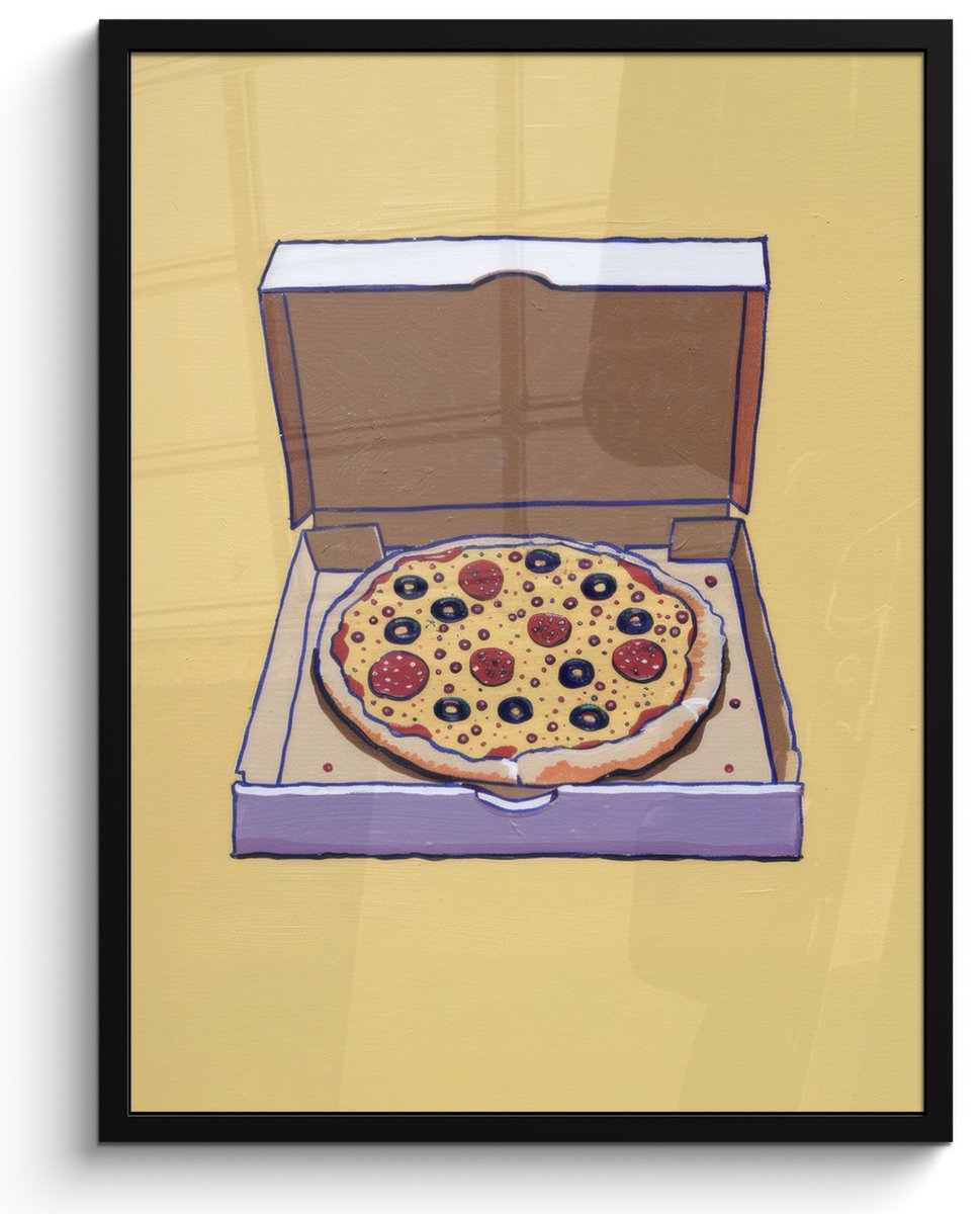 FrameYourWall Poster in lijst - Fotolijst 50x70 cm - Posters - Pizza - Doos - Salami - Illustratie - Posterlijst zwart - Decoratie - Wanddecoratie woonkamer - Muurdecoratie slaapkamer