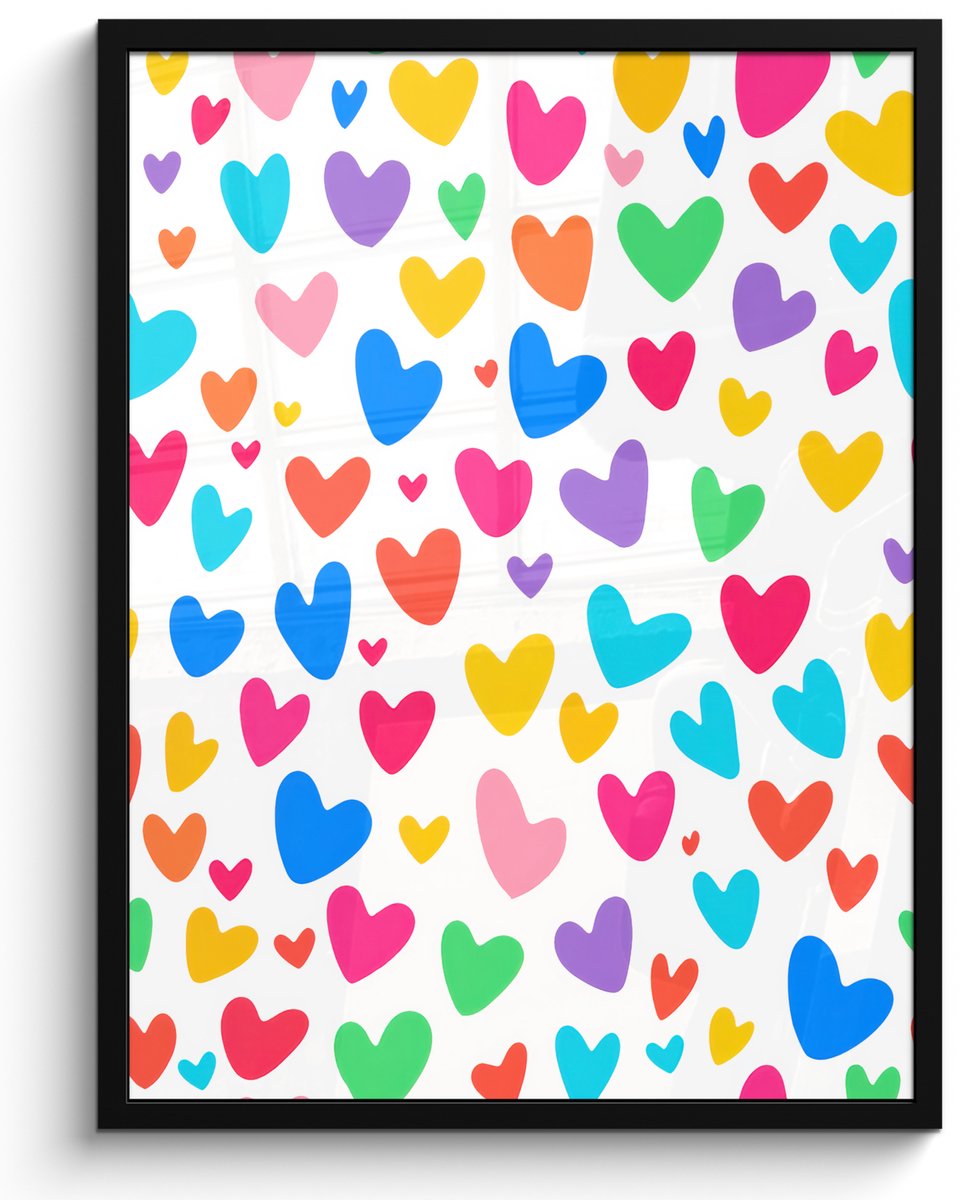 FrameYourWall Poster in lijst - Fotolijst 50x70 cm - Posters - Hartjes - Kleurrijk - Patroon - Levendig - Posterlijst zwart - Decoratie - Wanddecoratie woonkamer - Muurdecoratie slaapkamer