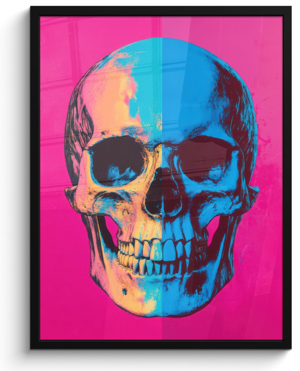 FrameYourWall Poster in lijst - Fotolijst 50x70 cm - Posters - Neon - Blauw - Pop-art - Schedel - Posterlijst zwart - Decoratie - Wanddecoratie woonkamer - Muurdecoratie slaapkamer Schedel - Neon