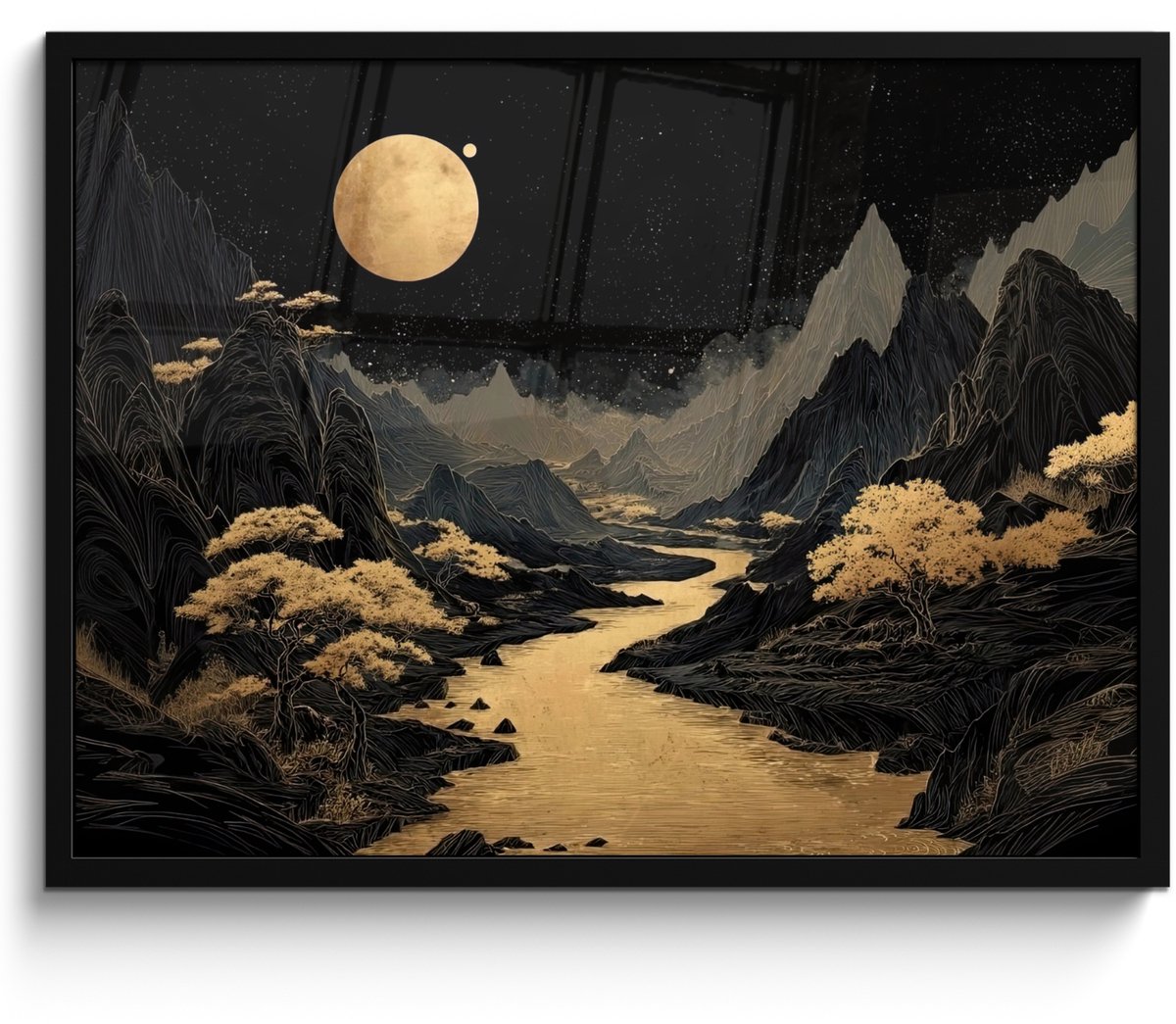 FrameYourWall Poster in lijst - Fotolijst 70x50 cm - Posters - Gouden rivier - Bergen - Maan - Sterrenhemel - Posterlijst zwart - Decoratie - Wanddecoratie woonkamer - Muurdecoratie slaapkamer