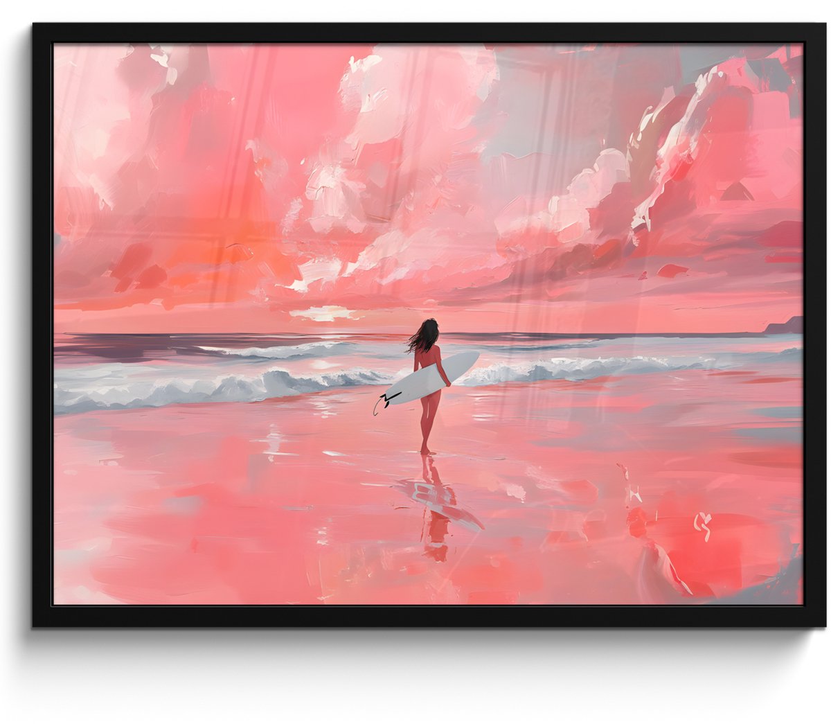 FrameYourWall Poster in lijst - Fotolijst 70x50 cm - Posters - Roze - Surfen - Zee - Posterlijst zwart - Decoratie - Wanddecoratie woonkamer - Muurdecoratie slaapkamer Zee - Vrouw - Surfplank