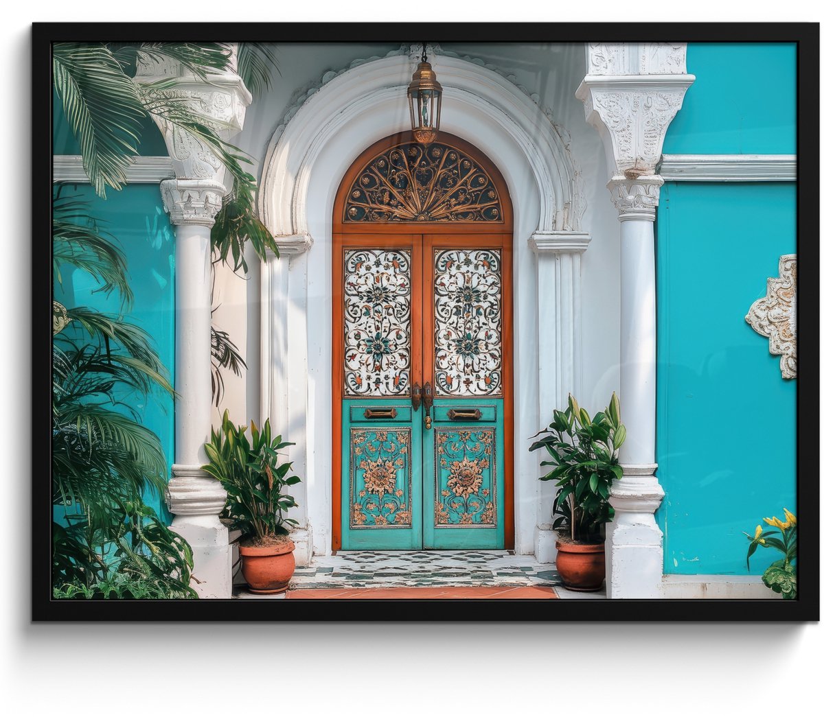 FrameYourWall Poster in lijst - Fotolijst 70x50 cm - Posters - Zuilen - Sierlijke - Deur - Blauw - Posterlijst zwart - Decoratie - Wanddecoratie woonkamer - Muurdecoratie slaapkamer Deur - Sierlijk