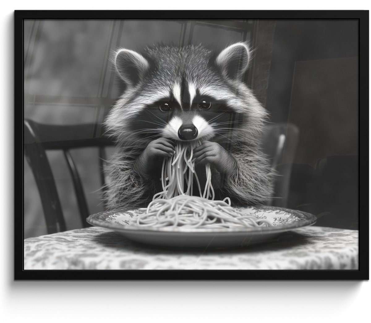 FrameYourWall Poster in lijst - Fotolijst 70x50 cm - Posters - Wasbeer - Cute - Pasta - Tafelkleed - Zwart - Wit - Posterlijst zwart - Decoratie - Wanddecoratie woonkamer - Muurdecoratie slaapkamer