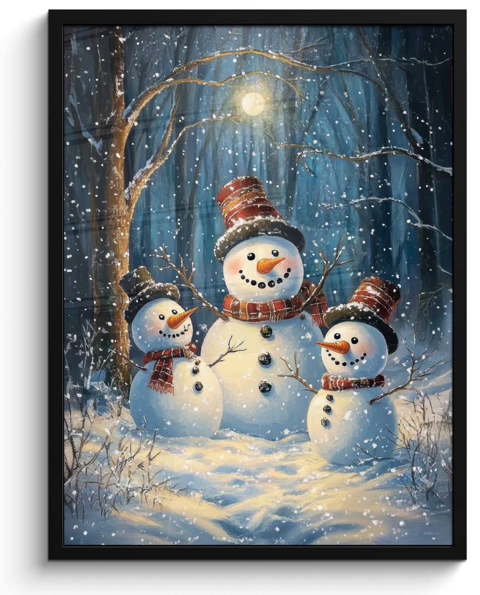 FrameYourWall Poster in lijst - Fotolijst 50x70 cm - Posters - Sneeuwpop - Sneeuw - Winter - Bos - Posterlijst zwart - Decoratie - Wanddecoratie woonkamer - Muurdecoratie slaapkamer Sneeuwpoppen