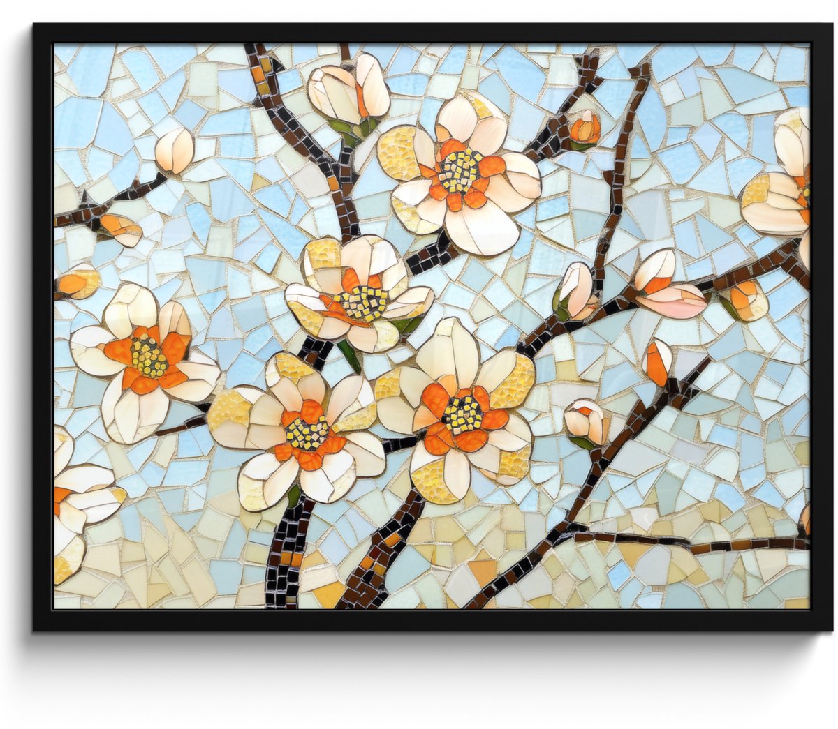 FrameYourWall Poster in lijst - Fotolijst 70x50 cm - Posters - Bloesems - Wit - Mozaïek - Tak - Posterlijst zwart - Decoratie - Wanddecoratie woonkamer - Muurdecoratie slaapkamer Bloesems - Mozaïek