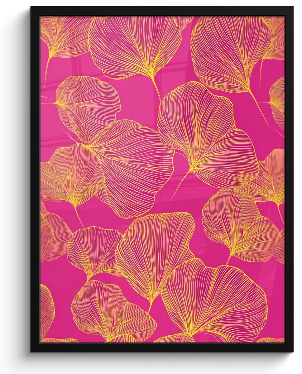 FrameYourWall Poster in lijst - Fotolijst 50x70 cm - Posters - Bladeren - Nerven - Grafisch - Roze - Posterlijst zwart - Decoratie - Wanddecoratie woonkamer - Muurdecoratie slaapkamer Bladeren - Grafisch