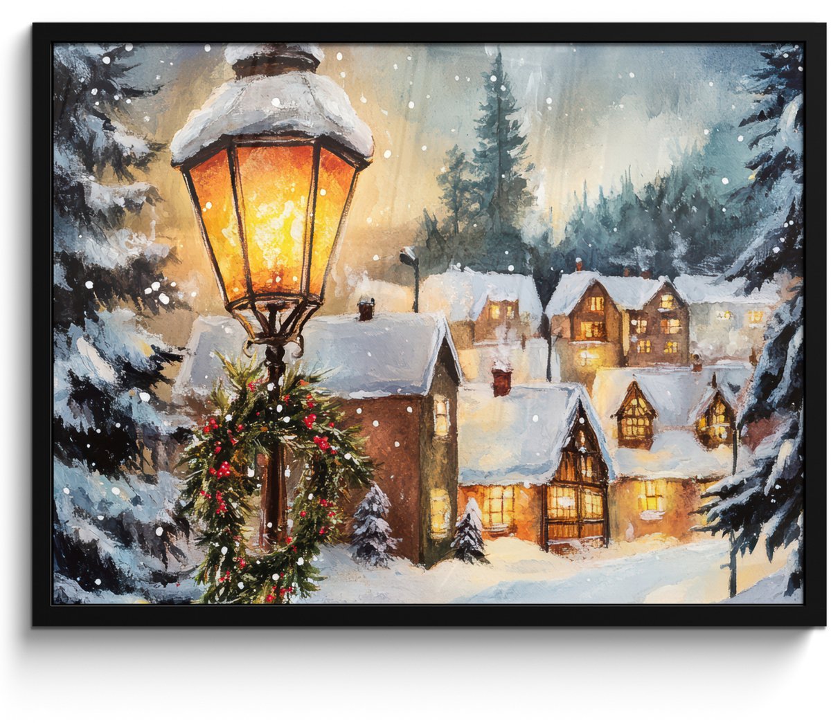 FrameYourWall Poster in lijst - Fotolijst 70x50 cm - Posters - Kerstdorp - Huizen - Sneeuw - Kerst - Posterlijst zwart - Decoratie - Wanddecoratie woonkamer - Kerstdecoratie voor binnen - Kerstversiering - Kerstmis versiering in huis - Kerstaccessoires