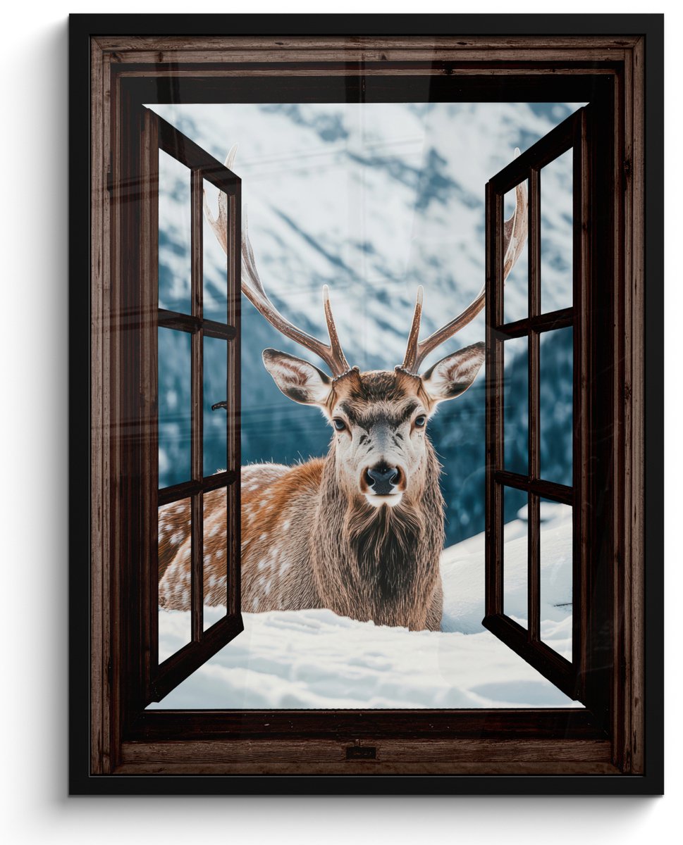FrameYourWall Poster in lijst - Fotolijst 50x70 cm - Posters - Hert - Landschap - Winter - Natuur - Dieren - Doorkijk - Bergen - Posterlijst zwart - Decoratie - Wanddecoratie woonkamer - Muurdecoratie slaapkamer