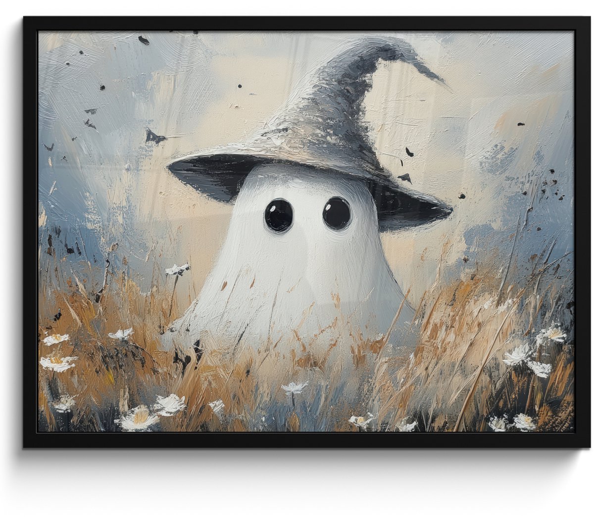 FrameYourWall Poster in lijst - Fotolijst 70x50 cm - Posters - Halloween - Spook - Heksenhoed - Abstract - Grijs - Posterlijst zwart - Decoratie - Wanddecoratie woonkamer - Muurdecoratie slaapkamer