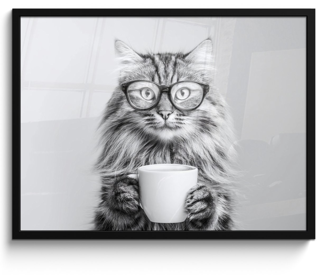 FrameYourWall Poster in lijst - Fotolijst 70x50 cm - Posters - Kat - Bril - Mok - Pluizig - Posterlijst zwart - Decoratie - Wanddecoratie woonkamer - Muurdecoratie slaapkamer Kat - Mok