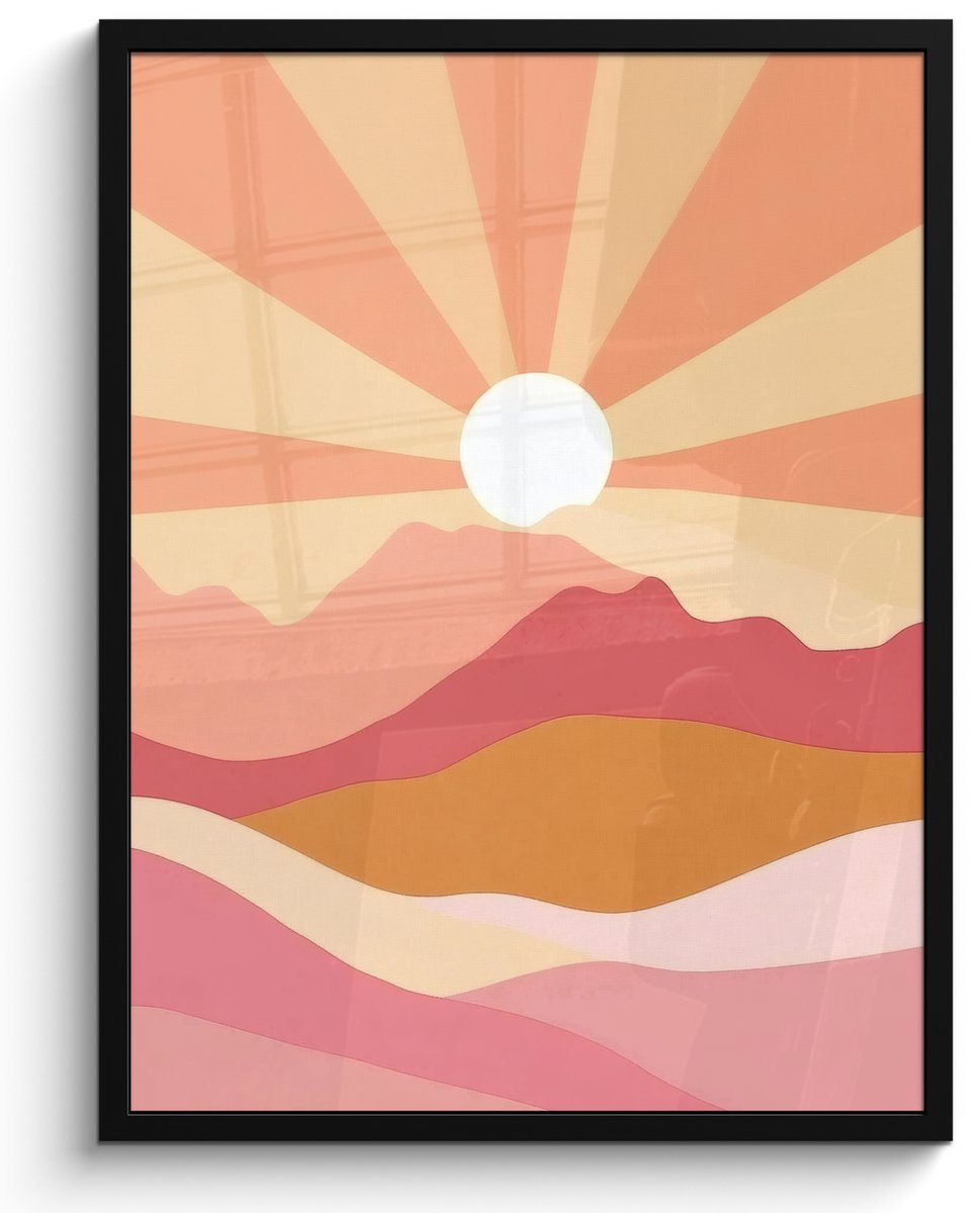 FrameYourWall Poster in lijst - Fotolijst 50x70 cm - Posters - Bergen - Abstract - Zonnestralen - Roze - Posterlijst zwart - Decoratie - Wanddecoratie woonkamer - Muurdecoratie slaapkamer Zon - Bergen