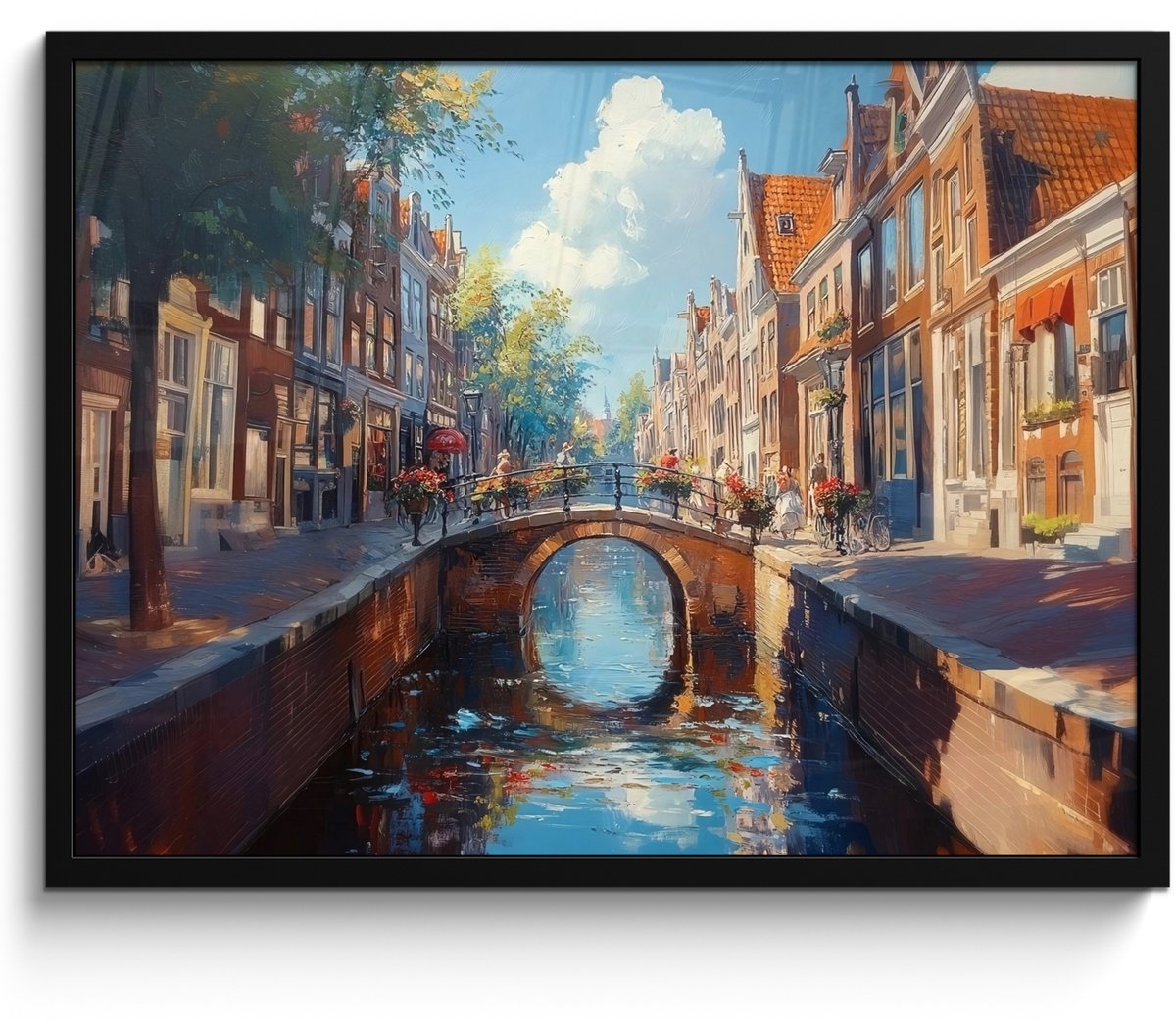 FrameYourWall Poster in lijst - Fotolijst 70x50 cm - Posters - Stad - Gracht - Zon - Fietsen - Posterlijst zwart - Decoratie - Wanddecoratie woonkamer - Muurdecoratie slaapkamer Brug - Gracht - Huizen
