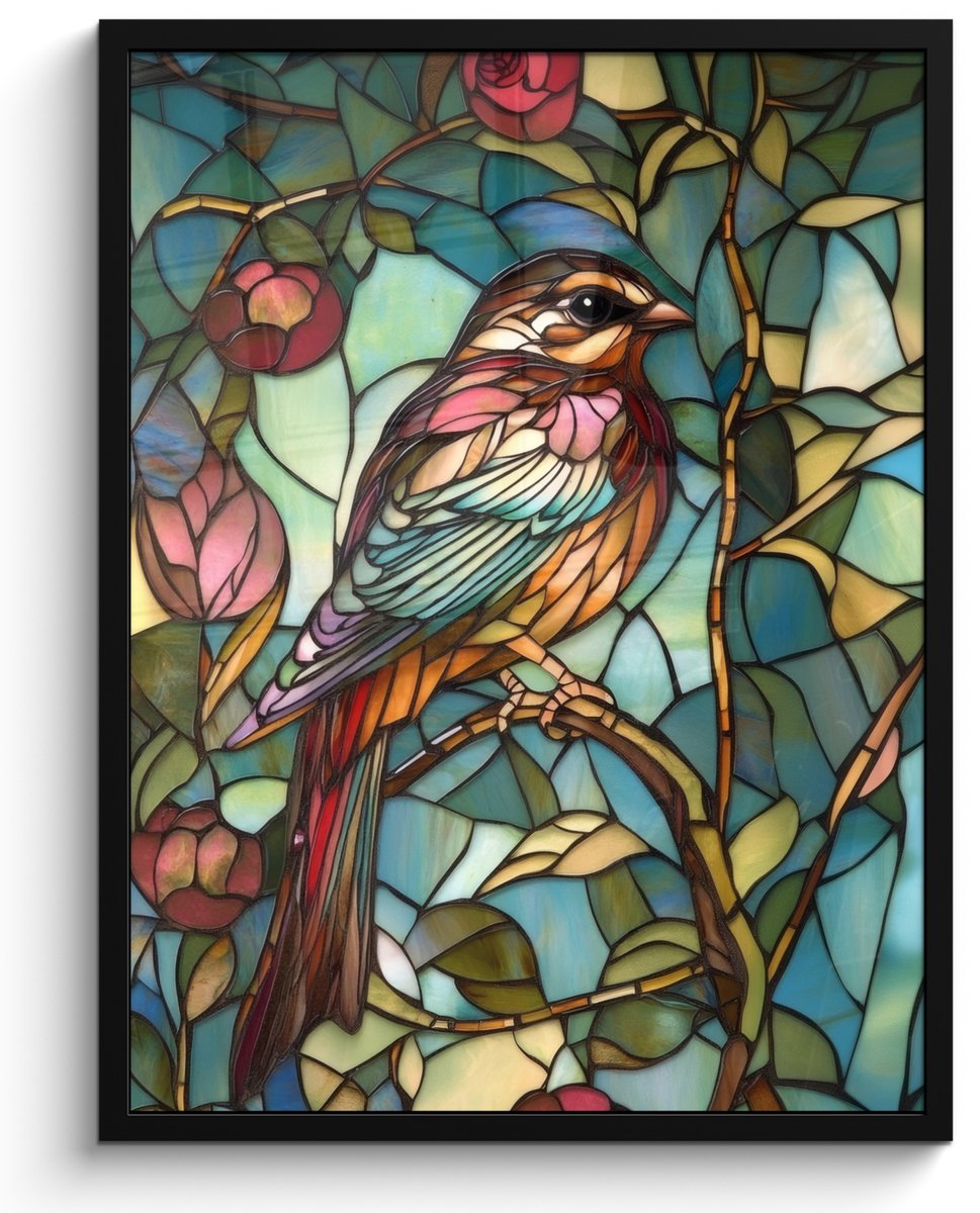 FrameYourWall Poster in lijst - Fotolijst 50x70 cm - Posters - Vogel - Tak - Rozen - Mozaïek - Posterlijst zwart - Decoratie - Wanddecoratie woonkamer - Muurdecoratie slaapkamer Vogel - Tak - Mozaïek