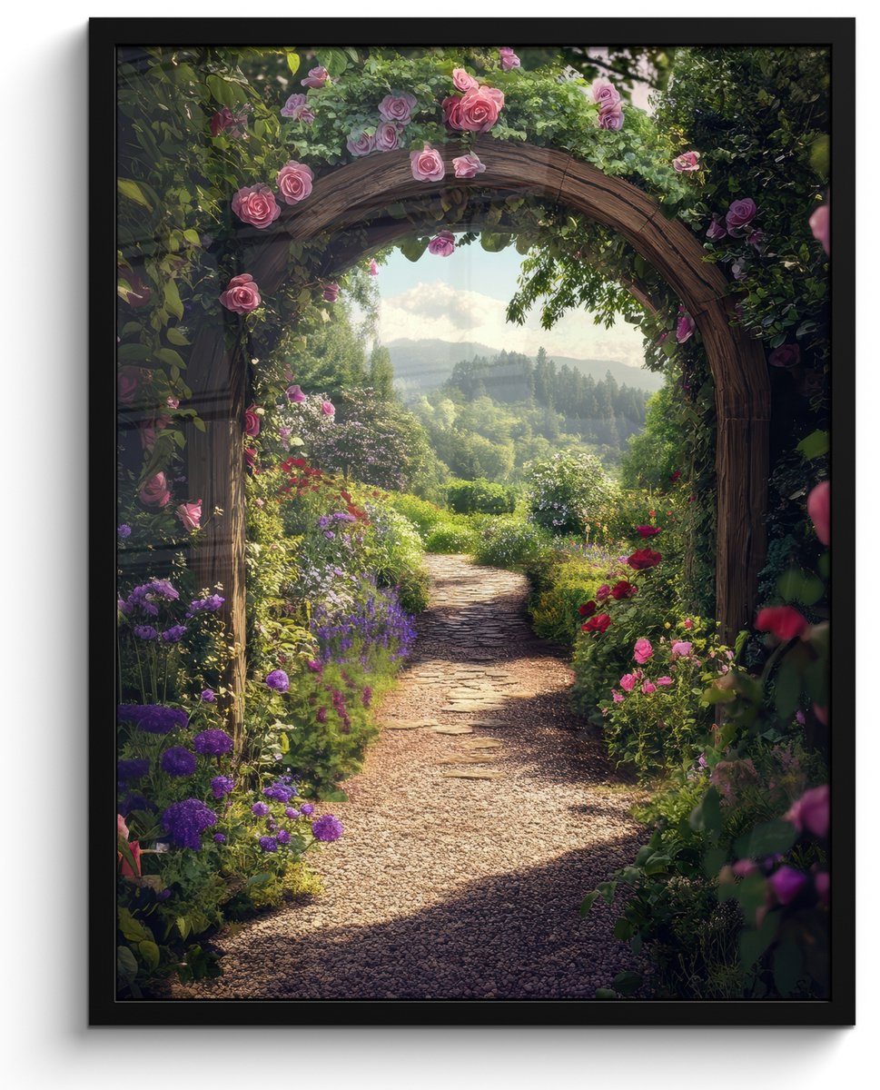 FrameYourWall Poster in lijst - Fotolijst 50x70 cm - Posters - Doorkijk - Landschap - Bloemen - Rozenboog - Natuur - Posterlijst zwart - Decoratie - Wanddecoratie woonkamer - Muurdecoratie slaapkamer Tuinboog - Rozen