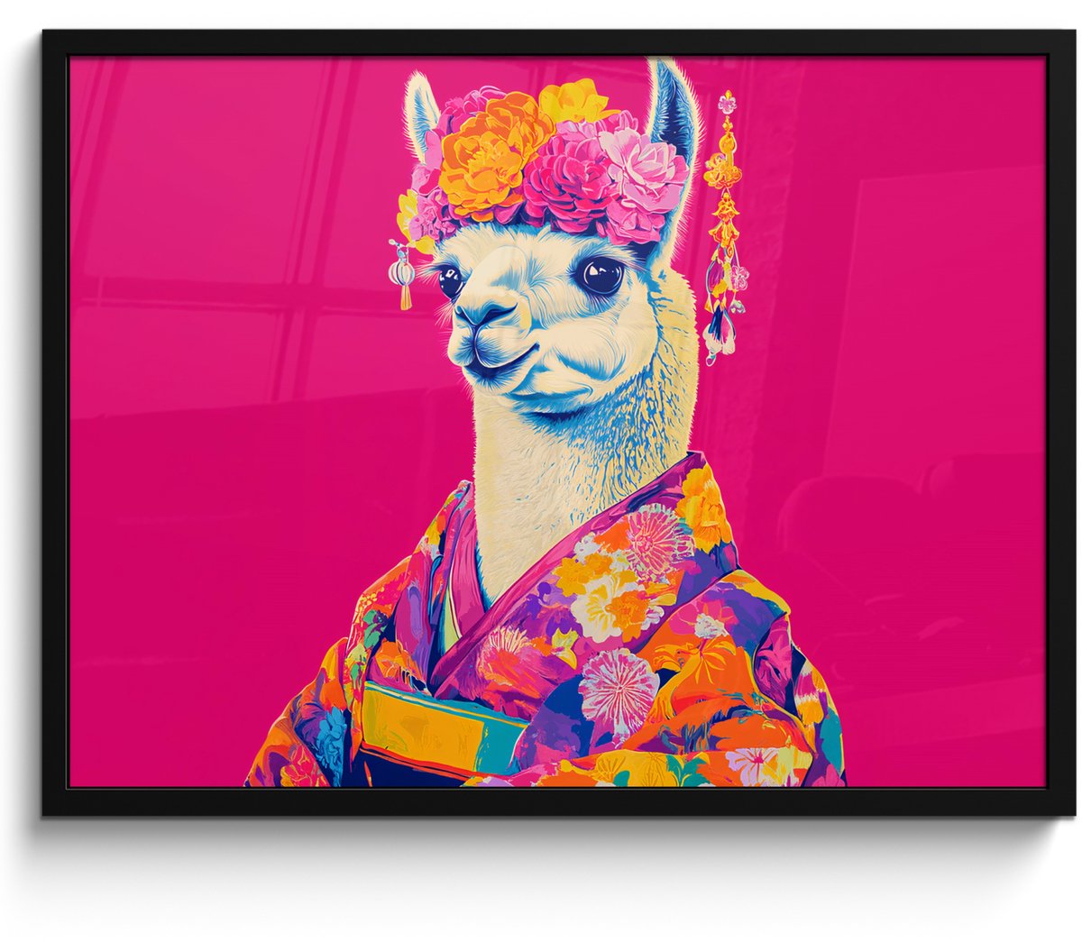 FrameYourWall Poster in lijst - Fotolijst 70x50 cm - Posters - Lama - Kimono - Bloemenkrans - Felroze - Posterlijst zwart - Decoratie - Wanddecoratie woonkamer - Muurdecoratie slaapkamer