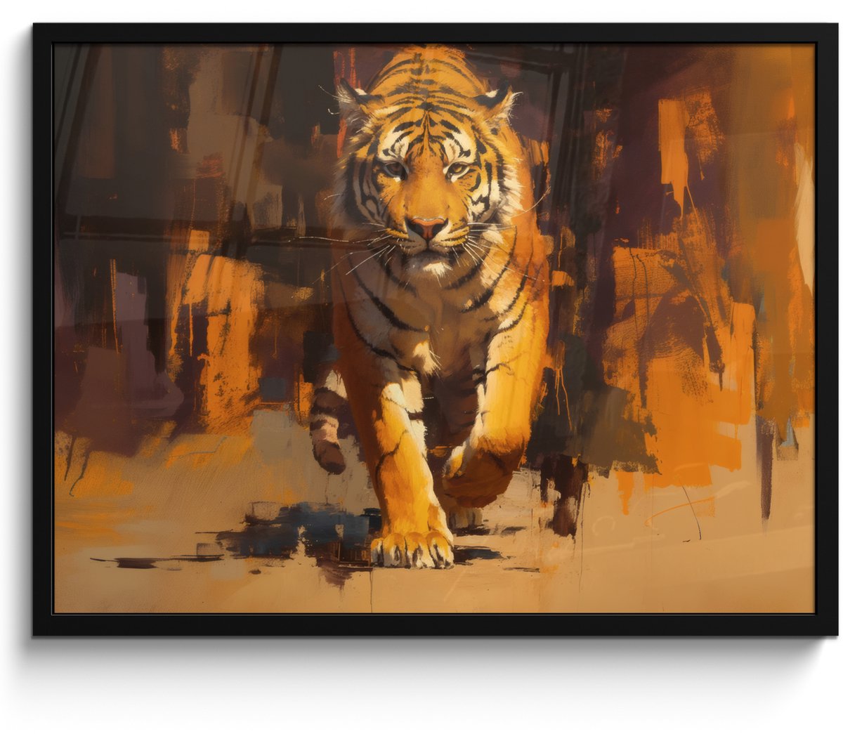 FrameYourWall Poster in lijst - Fotolijst 70x50 cm - Posters - Tijger - Geschilderd - Oranje - Penseelstreken - Posterlijst zwart - Decoratie - Wanddecoratie woonkamer - Muurdecoratie slaapkamer