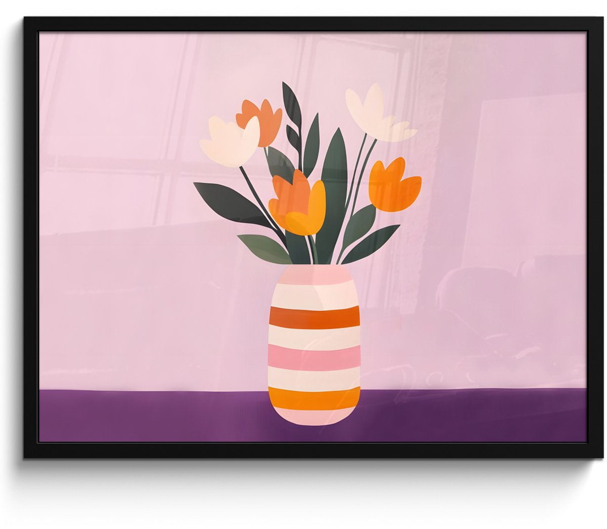 FrameYourWall Poster in lijst - Fotolijst 70x50 cm - Posters - Tulpen - Vaas - Strepen - Paars - Posterlijst zwart - Decoratie - Wanddecoratie woonkamer - Muurdecoratie slaapkamer